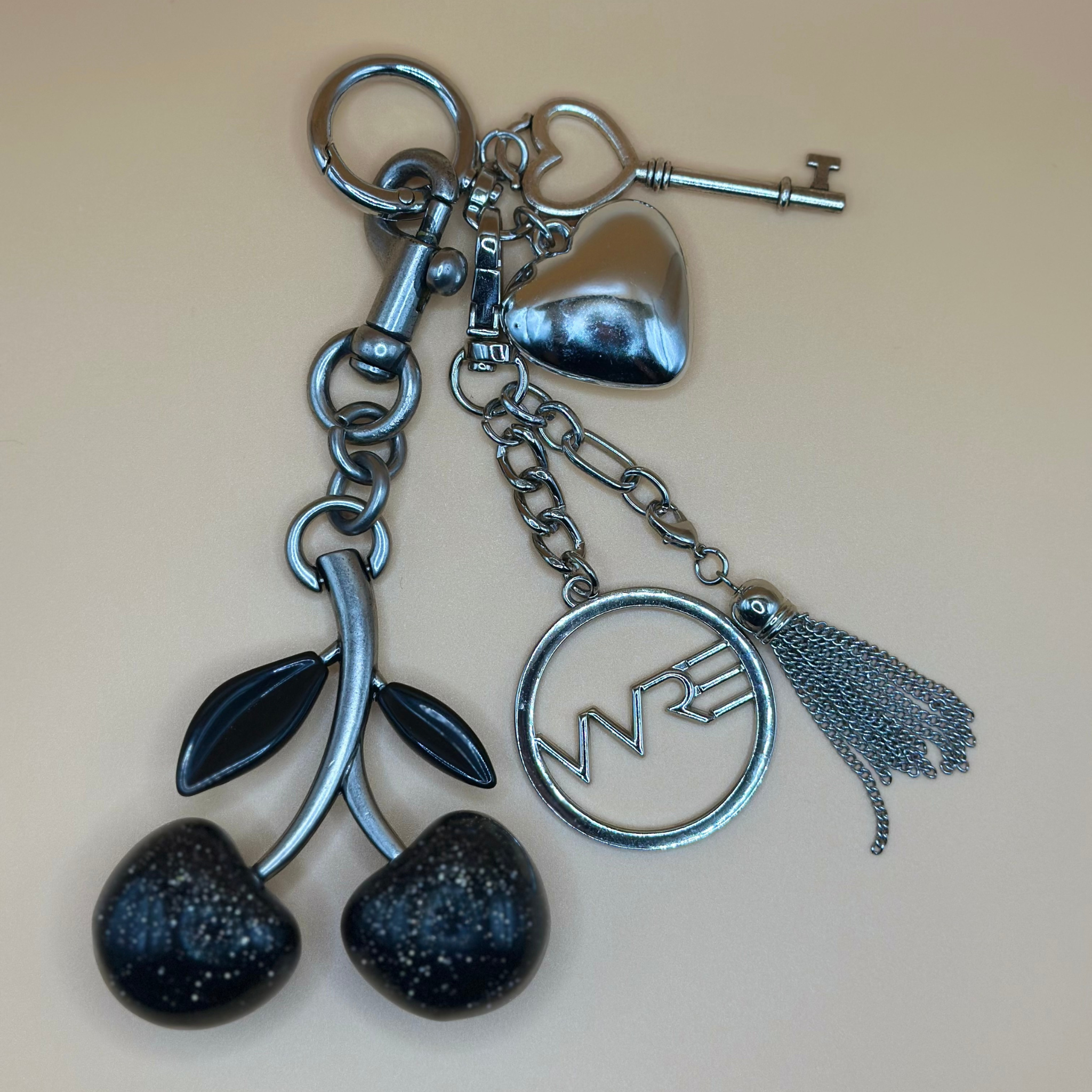 Cherry Bag Charm- Silver/Black